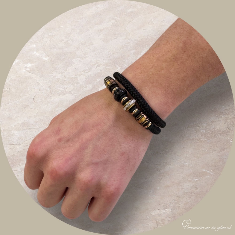 Black double sailrope men’s memorial bracelet with gold steel beads and black slide clasp