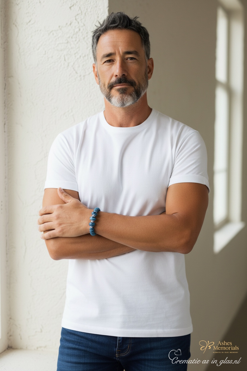 Men’s memorial bracelet with close-up of the opened stainless steel push-clip clasp on the turquoise-black knotted band.