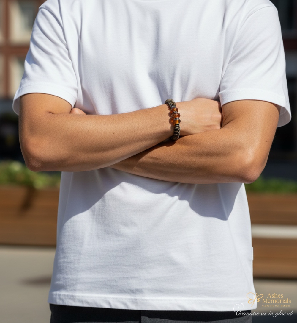Men’s memorial bracelet with woodland camo knotwork and three transparent amber glass beads