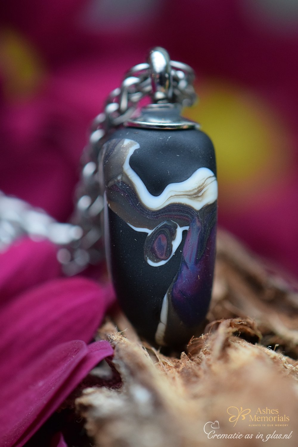 Men’s memorial pendant in matte black glass with white and purple swirl