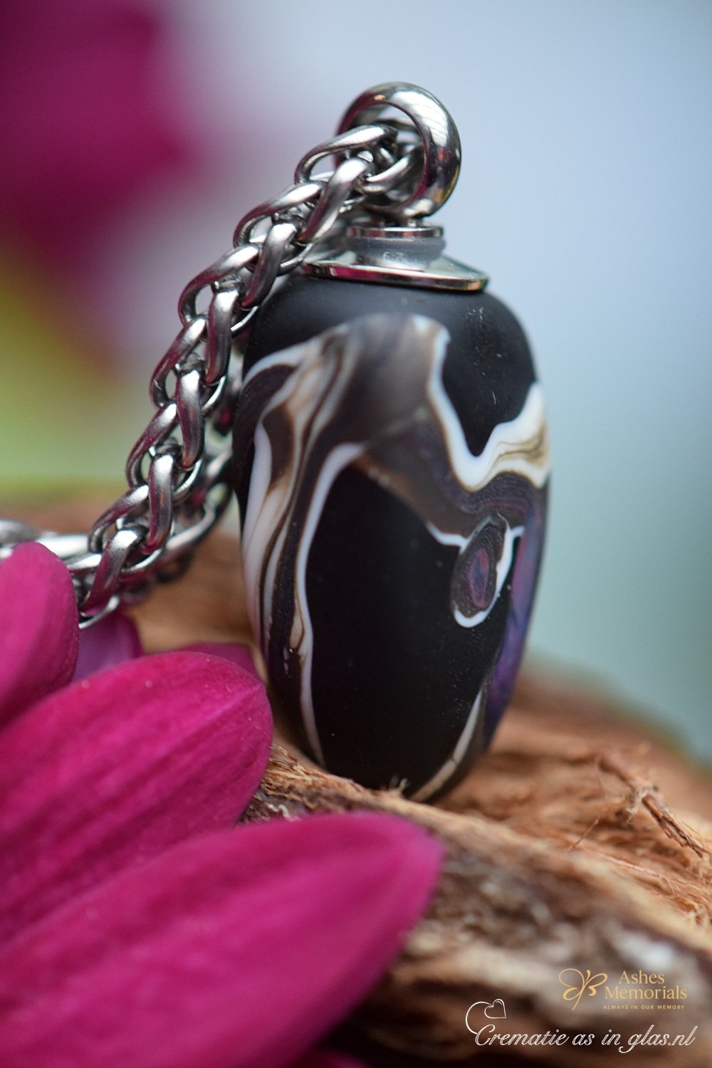 Men’s memorial pendant in matte black glass with white and purple swirl pattern