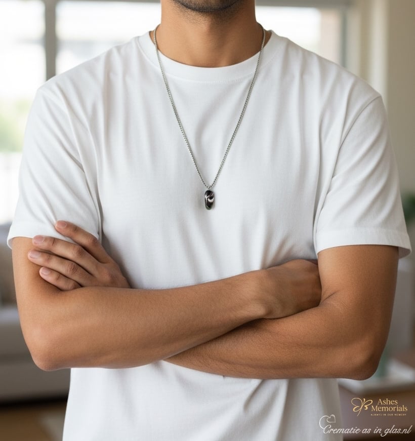 Men’s memorial pendant in matte black glass with beige and white lines and a subtle purple color reaction