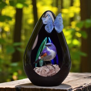 Diamond black glass design urn with bird image in photo sign foil and blue tulle butterfly.