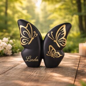 Black ceramic butterfly urn on wooden table in forest setting with gold details, suitable for cremation ashes.
