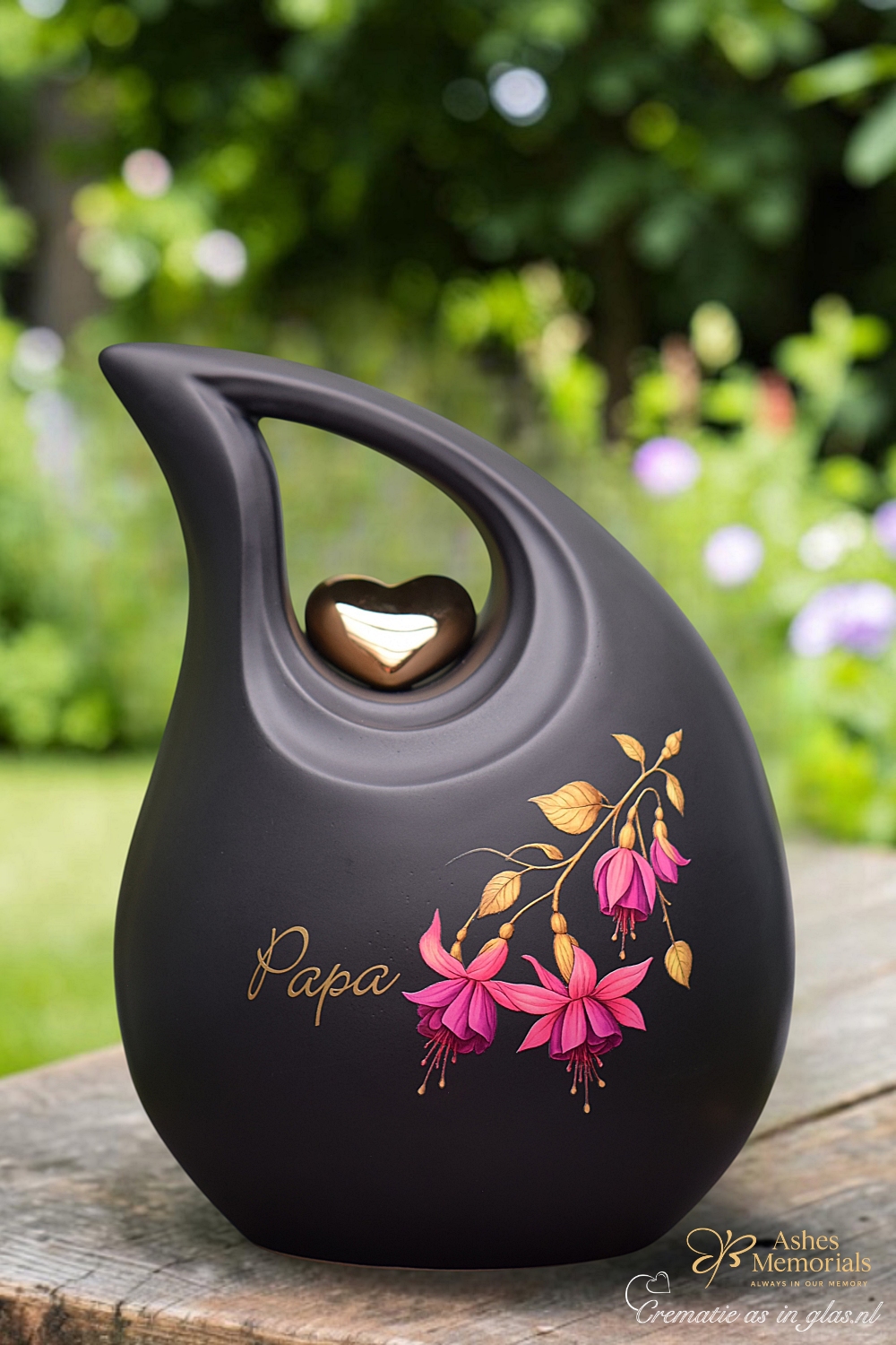 Black ceramic memorial urn 3.8 liter with golden heart, pink fuchsia flower and personalized gold foil name.