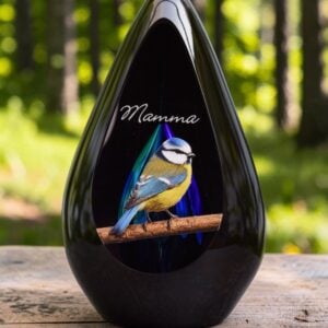 Front view of a teardrop-shaped glass urn with a blue tit, black glass detailing and a transparent blue ashes chamber.